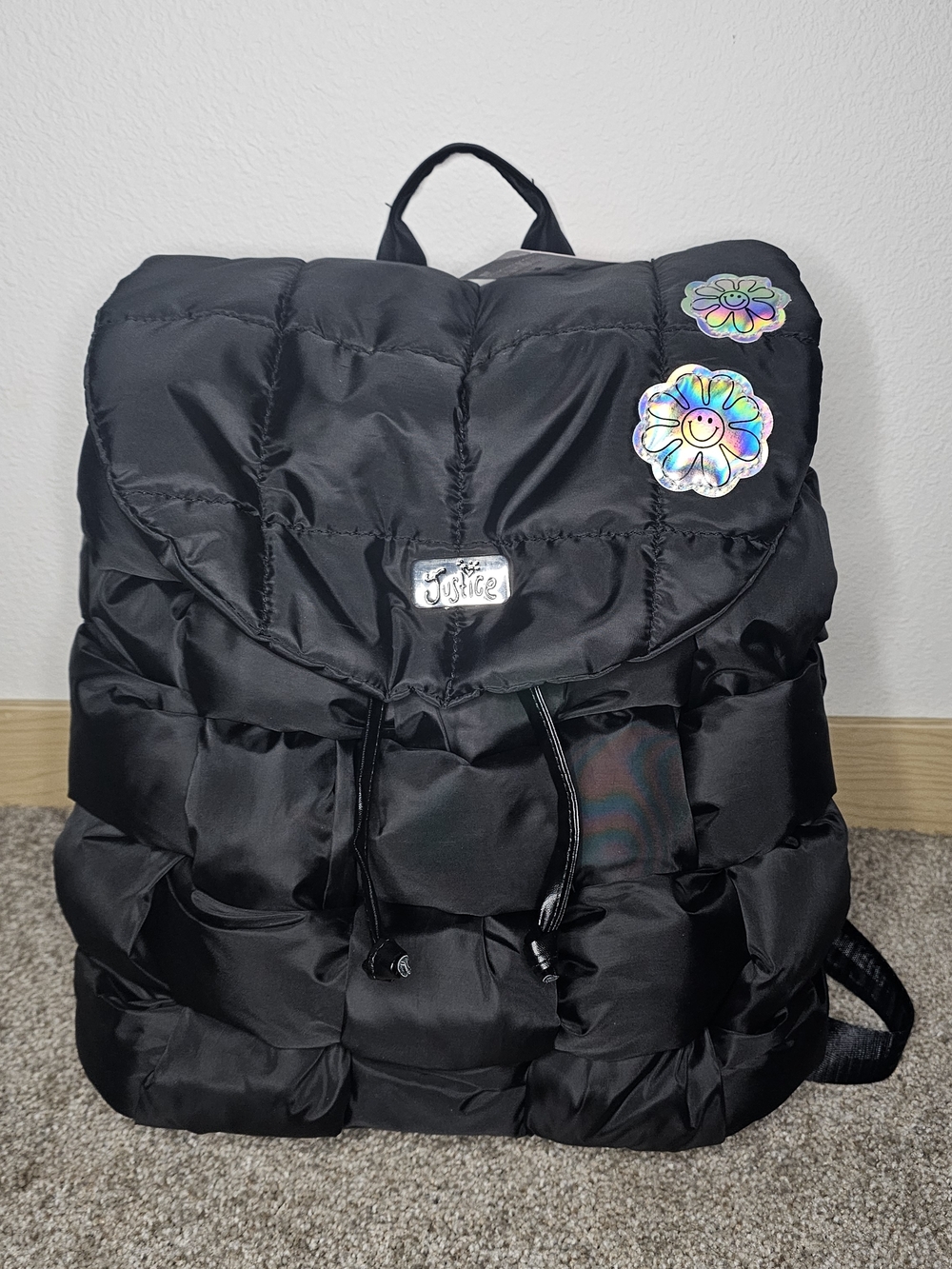 Justice Black Puffy Backpack with Iridescent Flower Pins